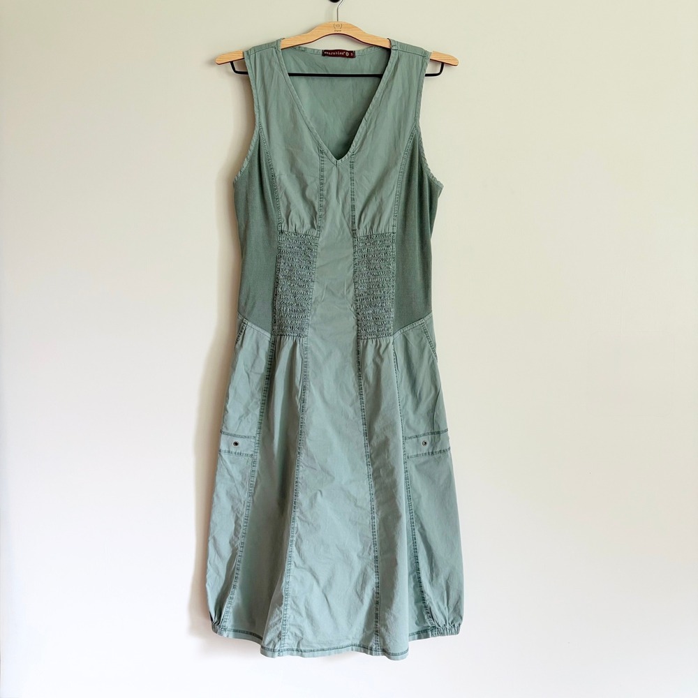 Wearables XCVI Green Smocked Utility Gibbon Tank Dress Size Small Bubble Hem